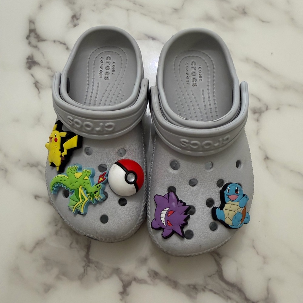 CROCS Kids Light Gray Clog with Colorful Pokémon Jibbitz